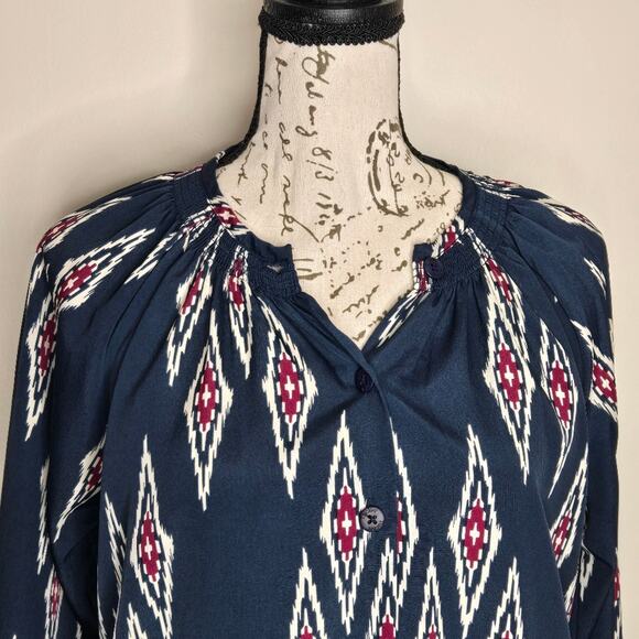 TUCKER Navy and Red Geometric Aztec Pattern Dress Long Sleeve Button Front Sz S - Picture 3 of 14